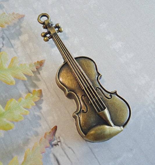 Large Violin Pendant, Antique Bronze, 2.25" Tall