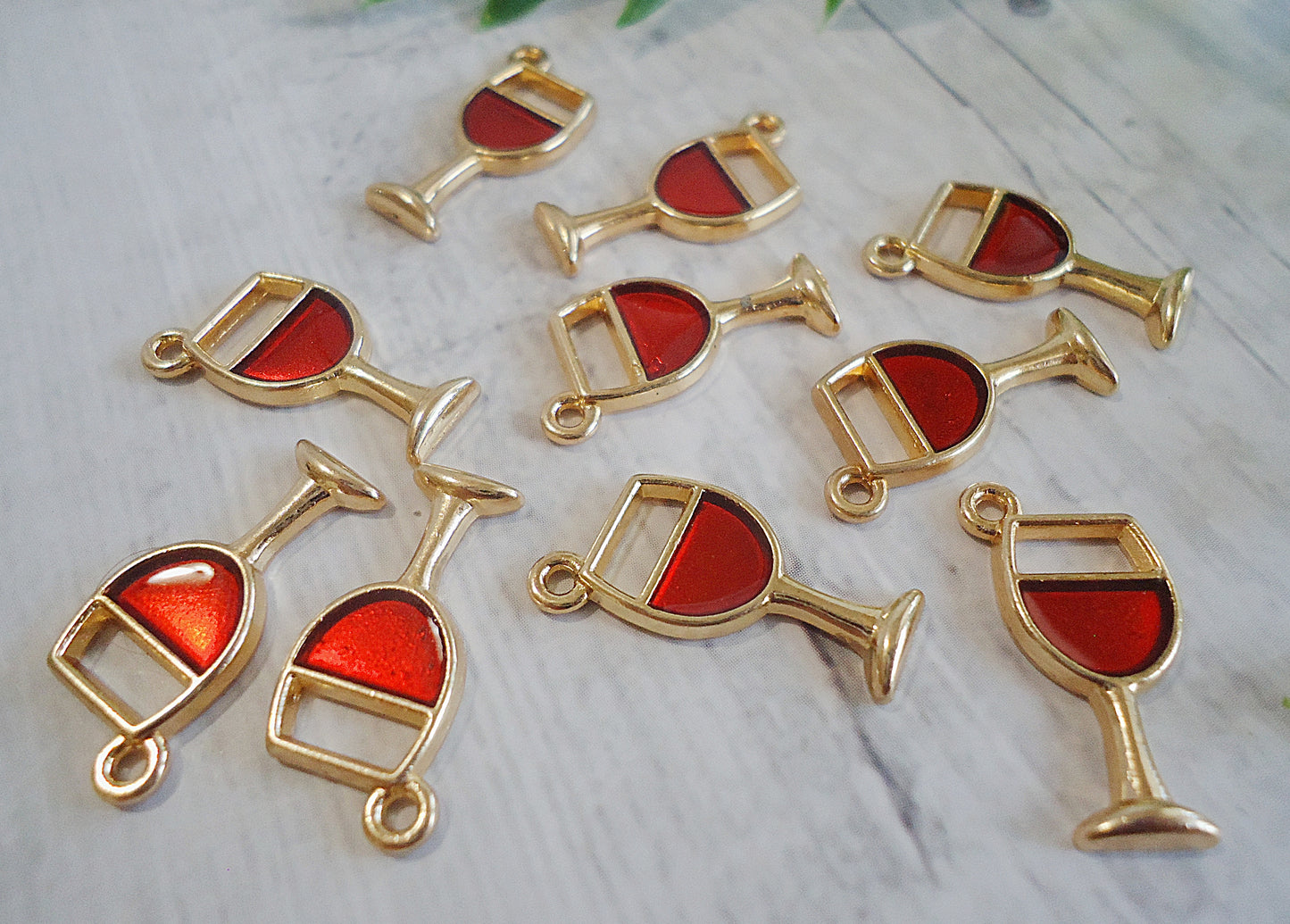 Red Wine Glass Charms, Set of 10, Red and Gold