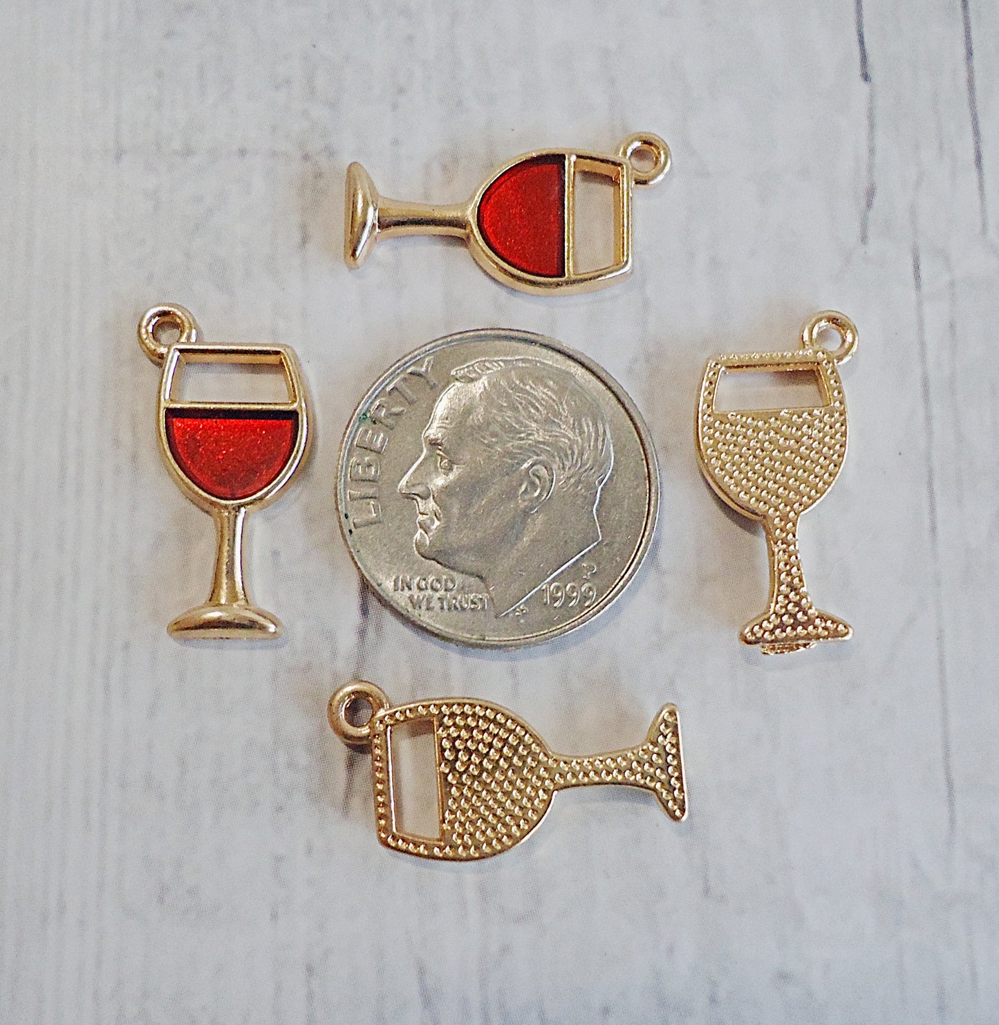 Red Wine Glass Charms, Set of 10, Red and Gold