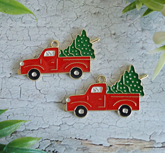 Vintage Red Truck and Christmas Tree Enameled Charm